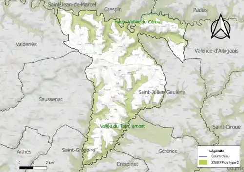 Carte des ZNIEFF de type 2 sur la commune.