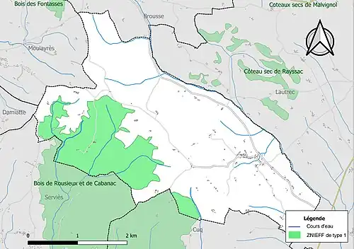 Carte de la ZNIEFF de type 1 sur la commune.