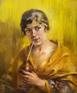 Odette Labouysse buvant du maté - Luce Boyals - Musée du Pays rabastinois