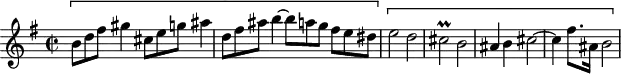 
\version "2.18.2"
\header {
  tagline = ##f
}

\score {
  \new Staff \with {

  }
<<
  \relative c'' {
    \key e \minor
    \time 2/2
    \set Staff.midiInstrument = #"harpsichord" 

     %% CONTRE-SUJET fugue CBT II-8, BWV 876, mi mineur
    \[ \tuplet 3/2 { b8 d fis } gis4 \tuplet 3/2 { cis,8 e g } ais4 \tuplet 3/2 { d,8 fis ais } b4~ \tuplet 3/2 { b8 a g } \tuplet 3/2 { fis8[ e dis] } \] \[ e2 d cis\prall b ais4 b cis2~ cis4 fis8. ais,16 b2 ]
  }
>>
  \layout {
     \context { \Score \remove "Metronome_mark_engraver" 
                \override SpacingSpanner.common-shortest-duration = #(ly:make-moment 1/2)
                \override TupletBracket.bracket-visibility = ##f
                \omit TupletNumber
     }
  }
  \midi {} 
}
