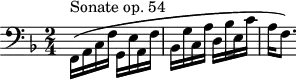 \version "2.18.2"
\header {
tagline=##f
}
\score {
\new Staff \with {
}
<<
\relative c {
\clef bass
\key f \major
\time 2/4
\override TupletBracket #'bracket-visibility = ##f
%\autoBeamOff
%% opus 53
\stemDown f,16\(^\markup{Sonate op. 54} a c f g, e' a, f' bes, g' c, a' d, bes' e, c' a f8.~\)
}
>>
\layout {
\context {
\Score \remove "Metronome_mark_engraver"
\override SpacingSpanner.common-shortest-duration = #(ly:make-moment 1/2)
}
}
\midi { \tempo 4=138}
}