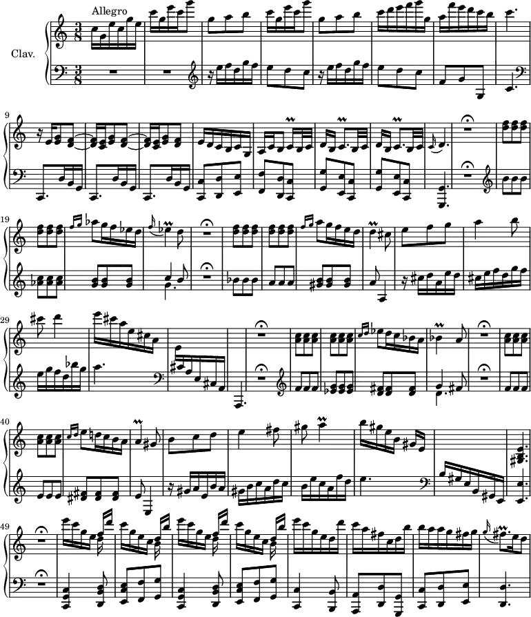 
\version "2.18.2"
\header {
  tagline = ##f
  % composer = "Domenico Scarlatti"
  % opus = "K. 357"
  % meter = "Allegro"
}

%% les petites notes
trillCqq     = { \tag #'print { c16\prall } \tag #'midi { \times 2/3 { c32 d c } } }
trillCqp     = { \tag #'print { c8.\prall } \tag #'midi { d32 c d c~ c16 } }
trillFisqp   = { \tag #'print { fis8.\prall } \tag #'midi { g32 fis g fis~ fis16 } }
trillA       = { \tag #'print { a4\prall } \tag #'midi { b32 a b a~ a8 } }
trillBes     = { \tag #'print { bes4\prall } \tag #'midi { c32 bes c bes~ bes8 } }
trillEes     = { \tag #'print { ees4\prall } \tag #'midi { f32 ees f ees~ ees8 } }
trillD       = { \tag #'print { d4\prall } \tag #'midi { e32 d e d~ d8 } }

upper = \relative c'' {
  \clef treble 
  \key c \major
  \time 3/8
  \tempo 4. = 66
  \set Staff.midiInstrument = #"harpsichord"
  \override TupletBracket.bracket-visibility = ##f

      s8*0^\markup{Allegro}
      c16 g e' c g' e | \repeat unfold 2 { c' g e' c   \tempo 4. = 60 g'8   \tempo 4. = 66 | g, a b } | c16 d e f g g, 
      % ms. 7
      a16 f' e d c b |   \tempo 4. = 60 c4.   \tempo 4. = 66 | r16 e,,16 \repeat unfold 2 { < e g >8 < d f >~ | q16 < c e > } < e g >8 < d f > | e16 d c b c g |
      % ms. 13
      a16[ c b8] \trillCqq b32 c | \repeat unfold 2 { d16[ b] \trillCqp b32 c } |   \tempo 4. = 56 \appoggiatura c16  d4.   \tempo 4. = 66 | R4.\fermata |
      < d' f >8 q q | q q q |

      % ms. 20
      \grace { f16 g } aes8 g16 f ees d | \appoggiatura f16 \trillEes d8 | R4.\fermata |
      < d f >8 q q | q q q | \grace {   \tempo 4. = 60 f16 g }   \tempo 4. = 66 a8 g16 f e d | \trillD   \tempo 4. = 30 cis8   \tempo 4. = 66 |

      % ms. 27
      e8 f g | a4 b8 | cis d4 | e16 cis a e cis a | s4. | s4. | R4.\fermata |

      % ms. 34
      < a c >8 q q | q q q | \grace {   \tempo 4. = 60 c16 d }   \tempo 4. = 66 ees8 d16 c bes a | \trillBes a8 | R4.\fermata |
      < a c >8 q q | q q q |

      % ms. 41
      \grace {   \tempo 4. = 60 c16 d }   \tempo 4. = 66 e8 d!16 c b a | \trillA gis8 | b8 c d | e4 fis8 | gis \trillA | b16 gis e b gis[ e] |

      % ms. 47
      s4. | < gis, b e >4. | R4.\fermata |
      \repeat unfold 2 { e'''16 c g e << { f16[ d'] } \\ { d,16 } >> | c'16 g e c << { d16[ b'] } \\ { b,16 } >> }
      % ms. 54
      e'16 c g e d d' | c a fis c d b' | b a a g fis g | \appoggiatura g16 \trillFisqp e16 d8 |

}

lower = \relative c' {
  \clef bass
  \key c \major
  \time 3/8
  \set Staff.midiInstrument = #"harpsichord"
  \override TupletBracket.bracket-visibility = ##f

    % ************************************** \appoggiatura a16  \repeat unfold 2 {  } \times 2/3 { }   \omit TupletNumber 
      R4.*2 |   \clef treble \repeat unfold 2 { r16 e'16 f d g f | e8 d c } | 
      % ms. 7
      f,8 g g, | c4.   \clef bass | \repeat unfold 3 { c,,8. d'16 b g } | < c, c' >8 < d d' > < e e' >
      % ms. 13
      < f f' >8 < d d' > < c c' > | \repeat unfold 2 { < g' g' >8 < e e' > < c c' > } | < g g' >4. | R4.\fermata \clef treble | b'''8 b b |  < aes c >8 q q |
      % ms. 20
      < g b >8 q q | << { c4 b8 } \\ { g4. } >> | R4.\fermata | bes8 bes bes | a a a | < gis b > q q | a8 a,4 |
      % ms. 27
      r16 cis'16 d a e' d | cis e f d g f | e g f d bes' g | a4.   \clef bass \stemDown \change Staff = "upper" | e,16 \stemNeutral \change Staff = "lower"  cis a e cis a | a,4. | R4.\fermata   \clef treble  |
      % ms. 34
      f'''8 f f | < ees g > q q | < d fis > q q | << { g4 fis8 } \\ { d4. } >> | R4.\fermata | f8 f f | e e e |
      % ms. 41
      < dis fis >8 q q | e8 e,4 | r16 gis'16 a e b' a | gis b c a d c | b e c a f' d | e4.   \clef bass |
      % ms. 47
      b,16 gis e b gis e | < e e' >4.  | R4.\fermata |
      \repeat unfold 2 { < c g' c >4 < d b' d >8 | < e c' e > < f f' > < g g' > }
      % ms. 54
      < c, c' >4 < b b' >8 | < a a' > < d d' > < g, g' > | < c c' > < d d' > < e e' > | < d d' >4.

}

thePianoStaff = \new PianoStaff <<
    \set PianoStaff.instrumentName = #"Clav."
    \new Staff = "upper" \upper
    \new Staff = "lower" \lower
  >>

\score {
  \keepWithTag #'print \thePianoStaff
  \layout {
      #(layout-set-staff-size 17)
    \context {
      \Score
     \override SpacingSpanner.common-shortest-duration = #(ly:make-moment 1/2)
      \remove "Metronome_mark_engraver"
    }
  }
}

\score {
  \keepWithTag #'midi \thePianoStaff
  \midi { }
}

