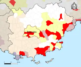 Localisation de l'aire d'attraction de Brignoles dans le département du Var.