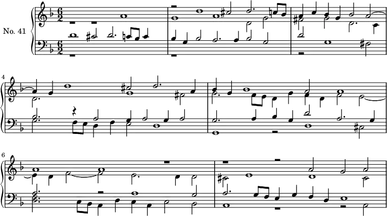 
\version "2.14.2"
\header {
  tagline = ##f
}
upper = \relative c' {
  \clef treble 
  \key f \major
  \time 6/2
  \tempo 2 = 68
  \autoBeamOff

    << {  } \\ { r1 r1 a'1 } >> 
    << { r2 d1 cis2 d2. c8 bes } \\ { g1 a d,2 g2 } >> 
  \once \override Staff.TimeSignature #'stencil = ##f
  \time 4/2
    << { a4 c bes g bes2 a2~ } \\ { fis2 g d2. c4 } >> 
  \once \override Staff.TimeSignature #'stencil = ##f
  \time 6/2
    << { a'4 g d'1 cis2 d2. a4 } \\ { d,2. s4 s2 g1 fis2 } >> 
    << { bes4 g bes1 a2 a1 } \\ { g2. f8e d4 g f d f2 e~ } >> 
    << { a1 a1 r1 } \\ { e4 d f2~ f2 e2. d4 d2 } >> 
    << { r1 r2 a'2 g a~ } \\ { cis,2 e1 d1 cis2 } >>

}

lower = \relative c {
  \clef bass
  \key f \major
  \time 6/2

    << { d'1 cis2 d2. c8 bes8 c4 } \\ { r1*3 } >> 
    << { bes4 g bes2 a2. a4 bes2 g } \\ { r1*3 } >> 
\once \override Staff.TimeSignature #'stencil = ##f
    << { d'2 } \\ { r2 g,1 fis2 } >> 
\once \override Staff.TimeSignature #'stencil = ##f
    << { bes2. r4 a2 g4 a2 g4 a2 } \\ { g2. f8 e d4 f e2 d1 } >> 
    << { g2. a4 bes g d'2 a2. g4 } \\ { g,1 r2 d'1 cis2 } >> 
    << { a'2.s4 r2 a1 g2 } \\ { << f2. d2. >> c8 bes8 a4 d c a c2 bes } >> 
    << { a'2. g8 f e4 g f d e1 } \\ { a,1 r1 r2 a2 } >>

}

\score {
  \new PianoStaff <<
    \set PianoStaff.instrumentName = #"No. 41"
    \new Staff = "upper" \upper
    \new Staff = "lower" \lower
  >>
  \layout {
    \context {
      \Score
      \remove "Metronome_mark_engraver"
    }
  }
  \midi { \set Staff.midiInstrument = #"church organ" }
}
