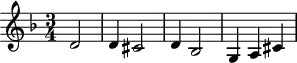 
\version "2.18.2"
\header {
  tagline = ##f
}

\score {
  \new Staff \with {

  }
<<
  \relative c' {
    \key d \minor
    \time 3/4
    \tempo 4 = 60
    \set Staff.midiInstrument = #"violin"

     %%% BWV 1004 — Chaconne
     \partial2 d2 d4 cis2 d4  bes2 g4 a cis

  }
>>
  \layout {
     \context { \Score \remove "Metronome_mark_engraver" }
  }
  \midi {}
}
