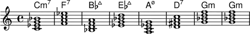 <<
\new ChordNames \chordmode {
c1:m7 f:7 bes:maj7 ees:maj a:m7.5- d:7 g:min g:min
}
\new Staff \relative c'{
<c ees g bes> < f a c ees > <bes, d f a> <ees g bes d> <a, c ees g> <d fis a c> <g bes d f> <g bes d f> }
>>