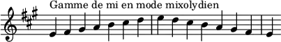 {
\override Score.TimeSignature #'stencil = ##f
\relative c' {
\key e \mixolydian
\clef treble \time 7/4
e4^\markup { Gamme de mi en mode mixolydien } fis gis a b cis d e d cis b a gis fis e
} }