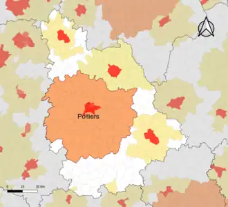 Localisation de l'aire d'attraction de Poitiers dans le département de la Vienne.
