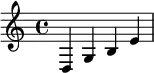 { \relative c' { d, g b e } }