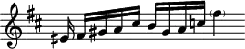 
\version "2.18.2"
\header {
  tagline = ##f
}

\score {
  \new Staff \with {
    \remove "Time_signature_engraver"
  }
<<
  \relative c' {
    \key b \minor
    \time 4/4

     %% CONTRE-SUJET fugue CBT I-24, BWV 869, si mineur 
     eis16 fis[ gis a cis] b[ gis a c] \parenthesize fis4

  }
>>
  \layout {
     \context { \Score \remove "Metronome_mark_engraver" 
     %\override SpacingSpanner.common-shortest-duration = #(ly:make-moment 1/2) 
}
  }
  \midi {} 
}
