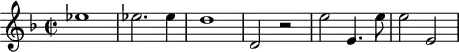 \header {
tagline = ##f
}
\score {
\new Staff \with {
}
<<
\relative c'' {
\key f \major
\time 2/2
\tempo 2 = 80
\override TupletBracket #'bracket-visibility = ##f
%\autoBeamOff
\set Staff.midiInstrument = #"French horn"
%%%%%%%%%%%%%%%%%%%%%%%%%% AB 3-4 th1
ees1 ees!2. ees4 d1 d,2 r2 e'2 e,4. e'8 e2 e,
}
>>
\layout {
\context { \Score \remove "Metronome_mark_engraver"
}
}
\midi {}
}
