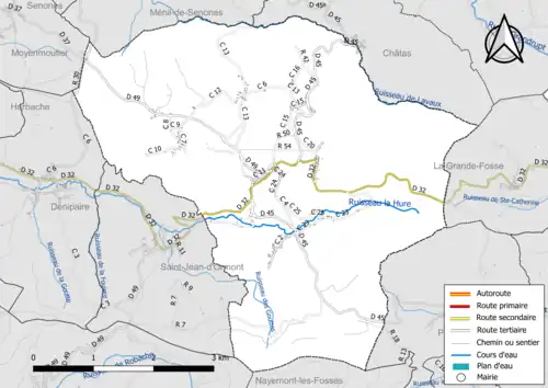 Carte en couleur présentant le réseau hydrographique de la commune.