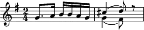 
\header {
  tagline = ##f
}

\score {
  \new Staff \with {

  }
<<
  \relative c'' {
    \key g \major
    \time 2/4
    \override TupletBracket #'bracket-visibility = ##f 
    \autoBeamOff

     %%%%%%%%%%% K 63
     g8.[ a16] b16[ b a g]
<<  { cis4( d8) r8 } \\ { g,4( fis8) s8 } >>

  }
>>
  \layout {
    \context {
      \remove "Metronome_mark_engraver"
    }
  }
  \midi {}
}
