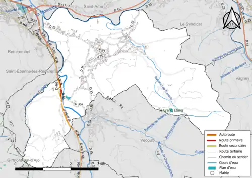 Carte en couleur présentant le réseau hydrographique de la commune