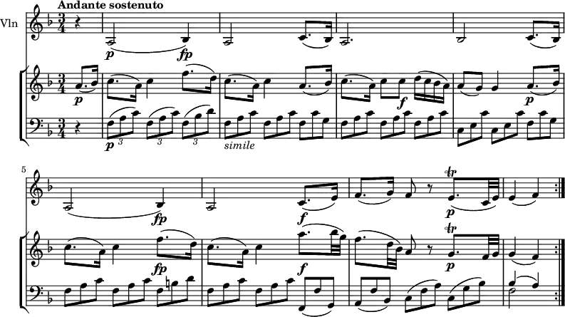 \new GrandStaff <<
\new StaffGroup <<
\new Staff {
\version "2.18.2"
\tempo "Andante sostenuto"
\clef treble
\key f \major
\time 3/4
\tempo 4 = 70
\relative c'' {
\partial 4 a8. \p (bes16)
c8. (a16) c4 f8. (d16)
c8. (a16) c4 a8. (bes16)
c8. (a16) c8 c \f d16 (c bes a)
a8 (g) g4 a8.\p (bes16)
c8. (a16) c4 f8.\fp (d16)
c8. (a16) c4 a'8.\f (bes32 g)
f8. (d32 bes) a8 r8 g8.\trill \p f32 g g4 (f) \bar ":|."
}
}
\new Staff {
\clef bass
\key f \major
\time 3/4
\relative c {
\partial 4 r4
\tuplet 3/2 {f8 \p (a c)} \tuplet 3/2 {f,8 (a c)} \tuplet 3/2 {f,8 (bes d)}
\scaleDurations 2/3 {f,8_\markup{\italic simile} a c f, a c f, c' g f a c f, a c f, a c c, e c' c, e c' f, c' g f a c f, a c f, b d
f, a c f, a c f,, (f' g,) a (f' bes,) c (f a) c, (g' bes) } <<\stemDown {f2} \\ \stemUp {bes4 ^ (a)}>> \bar ":|."
}
}
>>
\new Staff { \set Staff.instrumentName = "Vln"
\relative c'' {
\key f \major
\time 3/4
\partial 4 r4 a,2 \p (bes4) \fp
a2 c8. (bes16)
a2.
bes2 c8. (bes16)
a2 (bes4) \fp
a2 c8. \f (e16)
f8. (g16) f8 r8 e8.\trill \p (c32 e)
e4 (f) \bar ":|."
}
}
>>
