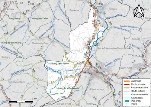 Carte en couleur présentant le réseau hydrographique de la commune
