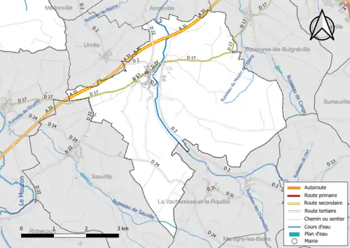 Carte en couleur présentant le réseau hydrographique de la commune