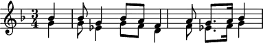 
\header {
  tagline = ##f
}

\score {
  \new Staff \with {

  }
<<
  \relative c'' {
    \key f \major
    \time 3/4
    \override TupletBracket #'bracket-visibility = ##f 
    \autoBeamOff

     %%%%%%% K 83
     \partial 4
     << { bes4 bes8 g4 bes8 a8 f4 a8 g8.[ a16] bes4 } \\ { g4 g8 ees4 g8 f8 d4 f8 ees8.[ f16] g4 } >>
  }
>>
  \layout {
    \context {
      \remove "Metronome_mark_engraver"
    }
  }
  \midi {}
}
