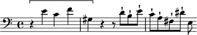 
\version "2.18.2"
\header {
  tagline = ##f
}

\score {
  \new Staff \with {

  }
<<
  \relative c' {
    \clef bass 
    \key a \minor
    \time 4/4
    \set Staff.midiInstrument = #"harpsichord" 

     %% SUJET fugue CBT II-20, BWV 889, la mineur

    \[ r4 e4 c f gis, \] r4 r8 d'8-! b-! e-! c-! a-! fis-! dis'-! e,

  }
>>
  \layout {
     \context { \Score \remove "Metronome_mark_engraver" 
     }
  }
  \midi {} 
}
