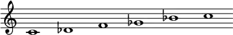 \relative c' {\override Score.BarLine.stencil = ##f \override Score.TimeSignature.stencil = ##f c1 des f ges bes c}