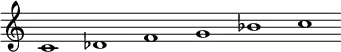 \relative c' {\override Score.BarLine.stencil = ##f \override Score.TimeSignature.stencil = ##f c1 des f g bes c}
