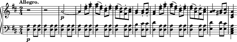 
 \relative b' {
 \new PianoStaff <<
  \new Staff { \key b \minor \time 2/4
  \tempo \markup {
   \column {
   \line { Allegro. }
 }
  }
  r2 r a2~\p a4 <d fis>8-. <fis a>8-. <fis a>8( <d fis>) <b d>8-. <d fis>8-. <d fis>8[( <a d>) <fis d'>8-. <a cis>8-.] <g b>4 <g b>8-. <g cis>8-. <fis a>4 <d' fis>8-. <fis a>8-. <fis a>8( <d fis>) <b d>8-. <d fis>8-. <d fis>8[( <a d>) <fis d'>8-. <a cis>8-.] <a b>4 <gis b>8 <gis cis>8 <cis, e a>4
  }
  \new Dynamics {

  }
  \new Staff { \key b \minor \time 2/4 \clef bass
  <d, a'>4\p <d a'>8 <d a'> <d a'>4 <d a'>8 <d a'> <d a'>4 <d a'>8 <d a'> <d a'>4 <d a'>8 <d a'> <d a'>4 <d a'>8 <d a'> <d a'>4 <d a'>8 <d a'> <d b'>4 <d cis'>8 <d cis'> <d d'>4 <d a'>8 <d a'> <d a'>4 <d a'>8 <d a'> <d a'>4 <d a'>8 <d a'> <e d'>4 <e d'>8 <e cis'> <a, cis e a>4
  }
 >>
 }
