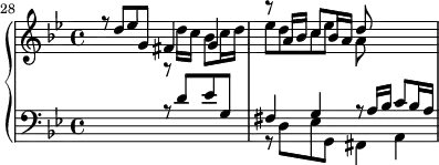 \version "2.18.2"
\header {
tagline = ##f
}
Dux = { r8 d8 ees g, fis4 g r8 a16 bes c8 bes16 a }
ContreSujet = { r8 a16 g f8 g16 a bes8 g e cis' }
Comes = { r8 g8 bes d, cis4 d r8 e16 f g8 f16 ees f8 }
upper = \relative c'' {
\clef treble
\key g \minor
\time 4/4
\tempo 4 = 56
\set Staff.midiInstrument = #"harpsichord"
\set Score.currentBarNumber = #28
%\context Score \applyContext #(set-bar-number-visibility 4)
\bar ""
%% FUGUE CBT I-16, BWV 861, sol mineur
<< { \Dux d8 } \\ { s2 r8 d16 c bes8 c16 d ees8 d c ees a, } >>
}
lower = \relative c' {
\clef bass
\key g \minor
\time 4/4
\set Staff.midiInstrument = #"harpsichord"
<< { s2 \Dux } \\ { s1 r8 d,8 ees g, fis4 a } >>
}
\score {
\new PianoStaff <<
\set PianoStaff.instrumentName = #""
\new Staff = "upper" \upper
\new Staff = "lower" \lower
>>
\layout {
\context {
\Score
\remove "Metronome_mark_engraver"
\override SpacingSpanner.common-shortest-duration = #(ly:make-moment 1/2)
}
}
\midi { }
}