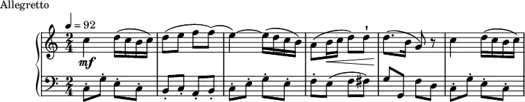 
\version "2.18.2"
\header {
  tagline = ##f
}
upper = \relative c'' {
  \clef treble 
  \key c \major
  \time 2/4
  \tempo 4 = 92
  \override TupletBracket.bracket-visibility = ##f

   %%Montgeroult — Étude 4 (pdf p. 22)
   c4\mf d16( c b c) d8([ e] f f)( e4~) e16( d c b) a8( b16\< c d8) d-! d8.(\! b16 g8) r8 c4 d16( c b c)

}

lower = \relative c {
  \clef bass
  \key c \major
  \time 2/4

  c8-. g'-. e-. c-. b-.[ c-.] a-. b-. c-. e-. g-. e-. f-. e( f fis) g g, f' d c8-. g'-. e-. c-.

}

  \header {
    piece = "Allegretto"
  }

\score {
  \new PianoStaff <<
    \new Staff = "upper" \upper
    \new Staff = "lower" \lower
  >>
  \layout {
    \context {
      \Score
      
    }
  }
  \midi { }
}
