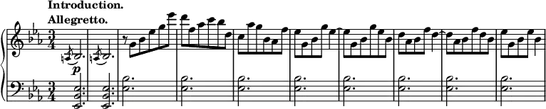 
 \relative c' {
 \new PianoStaff <<
  \new Staff { \key c \minor \time 3/4
  \tempo \markup {
   \column {
   \line { Introduction. }
   \line { Allegretto. }
 }
  }
   { \slashedGrace a8( bes2.) \slashedGrace a8( bes2.) r8 g' bes ees g ees' d f, aes c bes d, c aes' g bes, aes f' ees g, bes g' ees4~ ees8 g, bes g' ees bes d aes bes f' d4~ d8 aes bes f' d bes ees g, bes ees bes4}
  }
  \new Dynamics {
  s\p
   }
  \new Staff { \key c \minor \time 3/4 \clef bass
   {\slashedGrace s8 <ees,,, bes' ees>2. <ees bes' ees> <ees' bes'>2. <ees bes'> <ees bes'> <ees bes'> <ees bes'> <ees bes'> <ees bes'> <ees bes'>}
  }
 >>
 }
