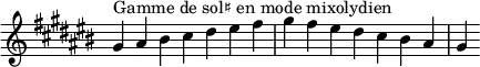 {
\override Score.TimeSignature #'stencil = ##f
\relative c'' {
\key gis \mixolydian
\clef treble \time 7/4
gis4^\markup { Gamme de sol♯ en mode mixolydien } ais bis cis dis eis fis gis fis eis dis cis bis ais gis
} }