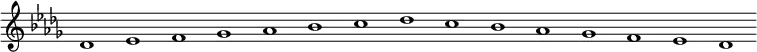 
\new Staff {
  \relative c' {
    \key des \major
    \override Staff.TimeSignature #'stencil = ##f
    \override Staff.BarLine #'stencil = ##f
     des1 es f ges as bes c des c bes as ges f es des
  }
}
\midi {
  \context {
    \Score
    tempoWholesPerMinute = #(ly:make-moment 120 1)
  }
}
