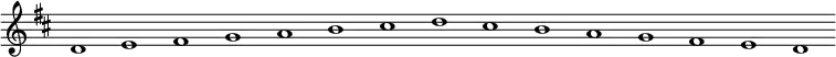 
\new Staff {
  \relative c' {
    \key d \major
    \override Staff.TimeSignature #'stencil = ##f
    \override Staff.BarLine #'stencil = ##f
     d1 e fis g a b cis d cis b a g fis e d
  }
}
\midi {
  \context {
    \Score
    tempoWholesPerMinute = #(ly:make-moment 120 1)
  }
}
