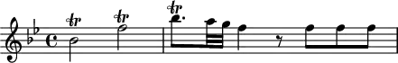 
\header {
  tagline = ##f
}

\score {
  \new Staff \with {

  }
<<
  \relative c'' {
    \key bes \major
    \time 4/4
    \override TupletBracket #'bracket-visibility = ##f 
    \autoBeamOff

     %%%%%%%%%%%%%%%%%%%%%%%%%% K10
     bes2\trill f'\trill bes8.\trill[ a32 g] f4 r8 f8[ f f]

  }
>>
  \layout {
    \context {
      \remove "Metronome_mark_engraver"
    }
  }
  \midi {}
}

