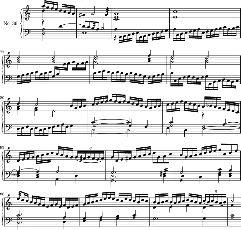 
\version "2.18.2"
\header {
  tagline = ##f
}

%% les petites notes
Mordgis     = { \tag #'print { gis4:16 } \tag #'midi { \times 2/3 { a16 gis a } gis8  }  }
Mordfisq    = { \tag #'print { fis4:16 } \tag #'midi { \times 2/3 { g16 fis g } fis8 }  }
Mordbh    = { \tag #'print { b8:32 } \tag #'midi { \times 2/3 { c32 b c } b16 }  }
Mordeh    = { \tag #'print { e8:32 } \tag #'midi { \times 2/3 { f32 e f } e16 }  }

upper = \relative c'' {
  \clef treble 
  \key c \major
  \time 4/4
  \tempo 2 = 60
  \hide Staff.TimeSignature
  \set Staff.midiInstrument = #"harpsichord"
  \override TupletBracket #'bracket-visibility = ##f
  \set Score.currentBarNumber = #74

   \partial 2 
   << { a'16 g f e d c b a | gis4 a2 \Mordgis | < a e c >1 < c e, > } \\ { d4 s4 } >>
   % mes. 77
   << { d2 d e2. f4 | e2 d d4 | c2 \tempo 2 = 50 b16 g a b | c d e f  \tempo 2 = 60 g f e f \tempo 2 = 68 e d c b  a g a b } \\ { < b g >2 q | < c g >2. < c a >4 | < c g >2 < b g > | < a f >4 < g e > d2 } >>
   % mes. 82
   c'16 d e f  e d c b  a bes a g  f e d c | d e f g  a b c d  c b a g \tempo 2 = 56 \times 4/6 { g16( fis g fis e fis) } 
   % mes. 84
   \tempo 2 = 60 g16 d \tempo 2 = 68 e fis g a b c \tempo 2 = 60 d8 g, a c | 
   % mes. 85
   \stemUp b16 g \tempo 2 = 68 a b  c d e f \tempo 2 = 60 g8 c, d f  | \Mordeh d16 c \tempo 2 = 68 b a g f e f g e f d e f  | g a b c  d e f e  d c e d  c b d c 
   % mes. 88
    b16 a b c  b a b c \tempo 2 = 60  d c b a  \tempo 2 = 56 \times 4/6 { c16( b c b a b) } \tempo 2 = 60 c2

}

lower = \relative c' {
  \clef bass
  \key c \major
  \time 4/4
  \hide Staff.TimeSignature
  \set Staff.midiInstrument = #"harpsichord"
    % ****************
   << { r4 d4~ | d8 c \Mordbh a8 b2 | a4 } \\ { < a d, >2 e1 | r4 \tempo 2 = 50 a,16 b c d e a, b \tempo 2 = 60 c d e f g } >>
   a16 c, d e f g a e f g a b c a b c | g a b c  d b c d \stemUp g, b \stemDown \change Staff = "upper" e16 f g e f g |
   \stemDown \change Staff = "lower" c,16 d e d c d c b c b a g f g a b |
   c16 c, e f  g f e f  g g, b c  d c b c | d e f d  e c d e f g a f g4
   << { c2~ c c r4 a4~ a~ a a2 } \\ { c,2~ c g' \stemUp f2~ f4 < e c >4 \stemDown a,4 d } \\ { g2~ g4 f \stemDown e c d2~ d4 } >>
   % mes. 84
   << { g2. \Mordfisq } \\ { < d g, >2. d4 } >>
   % mes. 85
   << { g2 c4 b c2. a4 g4 a b c \stemDown \change Staff = "upper" d4 e f d f } \\ { g,,4 c4 < g' e >4 < f d > | < g c, >2. d4 e f g a g2. g4 < c a >2 } \\ { d,4 } >>

}

thePianoStaff = \new PianoStaff <<
    \set PianoStaff.instrumentName = #"No. 36"
    \new Staff = "upper" \upper
    \new Staff = "lower" \lower
  >>

\score {
  \keepWithTag #'print \thePianoStaff
  \layout { 
    \context {
      \Score
      \remove "Metronome_mark_engraver"
      \override SpacingSpanner.common-shortest-duration = #(ly:make-moment 1/2)
    }
  }
}

\score {
  \keepWithTag #'midi \thePianoStaff
  \midi { }
}
