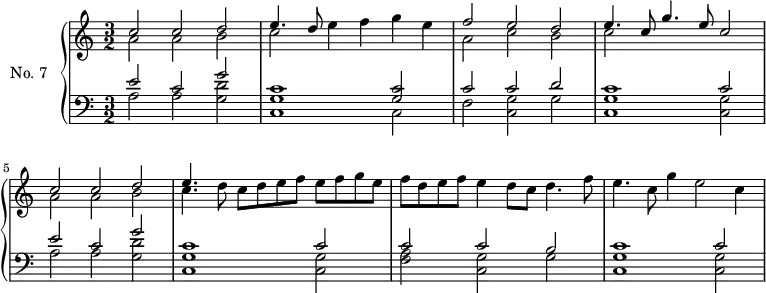 
\version "2.14.2"
\header {
  tagline = ##f
}
upper = \relative c'' {
  \clef treble 
  \key a \minor
  \time 3/2
  \tempo 2 = 96
  \autoBeamOff
  \set Staff.midiInstrument = #"harpsichord"

    << { c2 c d e4. d8 } \\ { a2 a b c e4 f g e } >>
    << { f2 e d } \\ { a2 c b } >>
    << { e4. c8 g'4. e8 c2 } \\ { c2 } >>
    << { c2 c d } \\ { a2 a b } >>
    << { e4. } \\ { c4. d8 c d e f e f g e } >>
    << {} \\ { f d e f e4 d8 c d4. f8 e4. c8 g'4 e2 c4 } >>

}

lower = \relative c {
  \clef bass
  \key a \minor
  \time 3/2
  \set Staff.midiInstrument = #"harpsichord"

    << { e'2 c g' } \\ { a,2 a << d g, >> } >>
    << { c1 << c2 g >> } \\  { << g1 c, >> c2 } >> 
    << { c'2 c d } \\ { f,2 << g c, >> g' } >> 
    << { c1 c2 }  \\ { << g1 c, >> << g'2 c, >> } >> 
    << { e'2 c g' } \\ { a,2 a << d g, >> } >>
    << { c1 c2 }  \\ { << g1 c, >> << g'2 c, >> } >> 
    << { c'2 c b }  \\ { << f2 a >> << g2 c, >> g'2 } >> 
    << { c1 c2 }  \\ { << g1 c, >> << g'2 c, >> } >> 
}

\score {
  \new PianoStaff <<
    \set PianoStaff.instrumentName = #"No. 7"
    \new Staff = "upper" \upper
    \new Staff = "lower" \lower
  >>
  \layout {
    \context {
      \Score
      \remove "Metronome_mark_engraver"
    }
  }
  \midi { }
}
