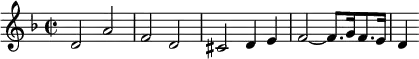 \new Staff {
\relative c' {
\key d \minor
\time 2/2
d2 a'
f d
cis d4 e
f2~ f8. g16 f8. e16 d4
}
}