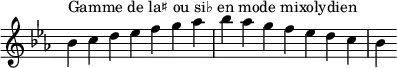 {
\override Score.TimeSignature #'stencil = ##f
\relative c'' {
\key bes \mixolydian
\clef treble \time 7/4
bes4^\markup { Gamme de la♯ ou si♭ en mode mixolydien } c d es f g aes bes aes g f es d c bes
} }