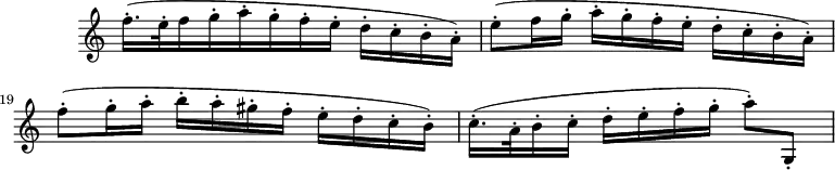 
\version "2.18.2"
\header {
  tagline = ##f
}

\score {
  \new Staff \with {
    \remove "Time_signature_engraver"
    instrumentName = #" "
  }
  \relative c'' {
    \time 3/4
    \tempo 4 = 62
    \clef treble
    \override Rest #'style = #'classical
    \set Score.currentBarNumber = #17

%%% *************************************** %%%
%%%  A T T E N T I O N   LES   R O B O T S  %%%
%%%  CES LIGNES DE CODES SONT DU LILYPOND   %%%
%%%  PAS DE LA PONCTUATION FRANÇAISE !!!    %%%
%%% *************************************** %%%
    \set Staff.keySignature = #`(((0 . 10) . ,SHARP)
                                ((0 . 3) . ,SHARP)
                                ((0 . 7) . ,SHARP)
                                ((0 . 0) . ,NATURAL)) % il manque la ligne sup de ce do naturel, comment faire ?
 
   f16.-.([ e32-. f16 g-. a-. g-. f-. e-.] d-.[c-. b-. a-.])
   e'8-.([ f16 g-.] a-. g-. f-. e-.] d-. c-. b-. a-.])
   f'8-.(g16-. a-. b-. a-. gis-. f-. e-.[ d-. c-. b-.])
   c16.-.( a32-. b16-. c-.] d-.[ e-. f-. g-.] a8-.) g,,-.

  }
  \layout {
    \context {
      \Score
      \remove "Metronome_mark_engraver"
    }
  }
  \midi {}
}
