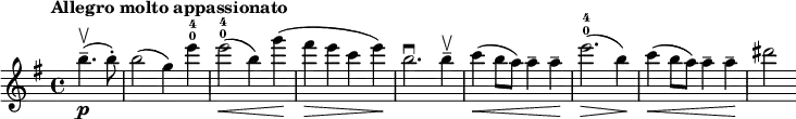 
\new Staff \with {midiInstrument = #"violin"} {
  \relative c''{
  \key e \minor
  \time 4/4
  \partial 2
  \tempo "Allegro molto appassionato"
  b'4.--\upbow( \p b8-.)
  b2( g4) e'-0-4
  e2\<(-0-4 b4) g'\!(
  fis\> e c e\!)
  b2.\downbow b4--\upbow
  c\<( b8 a) a4-- a--\!
  e'2.\>(-0-4 b4\!)
  c\<( b8 a) a4-- a--\!
  dis2
  }
}
  \midi {
    \context {
      \Score
      tempoWholesPerMinute = #(ly:make-moment 160 4)
    }
  }
