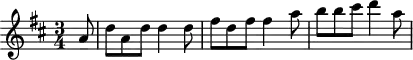 
\header {
  tagline = ##f
}

\score {
  \new Staff \with {

  }
<<
  \relative c'' {
    \key d \major
    \time 3/4
    \override TupletBracket #'bracket-visibility = ##f 
    %\autoBeamOff

     %%%%%%%%%%%%%%%%%%%%%%%%%% K15d
     \partial 8 a8 d a d d4 d8 fis d fis fis4 a8 b b cis d4 a8

  }
>>
  \layout {
    \context {
      \remove "Metronome_mark_engraver"
    }
  }
  \midi {}
}
