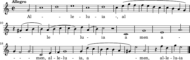 
\relative c' {
      \version "2.18.2"
      \key c\major
      \time 2/2
      \tempo "Allegro"
      s2 g'2 \melisma c1 d \melismaEnd e c d c4  e4 (g f  f e d c c b a g) r4  gis4 (a b b) a (b c c b) d a (b) c2 r2
c,1 g' e a2. g4 f2 g c, e4 f g1 g4 d' (c b c b a gis) e'2 a, r4 f'4 d g e2 \bar "|." }
      \addlyrics  {
      Al  -- le -- lu -- ia -, al -  le  lu - ia a  men a - - - - men, al -- le -- lu -- ia, a - men, al -- le -- lu -- ia
      } 
