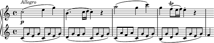 \version "2.18.2"
\header {
tagline = ##f
}
upper = \relative c'' {
\tempo "Allegro"
\tempo 4 = 130
c2\p ^\markup{ \italic {Allegro} } (e4 g) \noBreak
b,4.(c16 d c4) r \noBreak
a'2( g4 c) \noBreak
g f8\trill( e16 f) e4-. r \noBreak
s4
}
lower =\relative c' {
\set Staff.midiMinimumVolume = #0.2 \set Staff.midiMaximumVolume = #0.5
c8 (g' e g c, g' e g)
d (g f g c, g' e g)
c, (a' f a c, g' e g)
b, (g' d g c, g' e g)
f4
}
\score {
\new PianoStaff <<
\new Staff = "upper" \upper
\new Staff = "lower" \lower
>>
\layout {
\context {
\Score
\remove "Metronome_mark_engraver"
}
}
\midi { }
}
