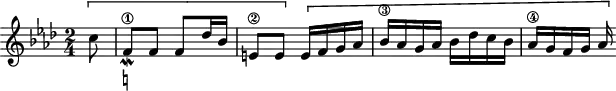 
\version "2.18.2"
\header {
  tagline = ##f
}

\score {
  \new Staff \with {

  }
<<
  \relative c'' {
    \key f \minor
    \time 2/4
    \set Staff.midiInstrument = #"harpsichord" 

     %% SUJET fugue CBT II-12, BWV 881, fa mineur
     \partial 8 \[ c8 f,_\mordent-\markup { \natural }\1 f f des'16 bes e,8\2 e \] \[ e16 f g aes bes\3 aes g aes bes des c bes aes\4 g f g aes\]

  }
>>
  \layout {
     \context { \Score \remove "Metronome_mark_engraver" }
  }
  \midi {} 
}
