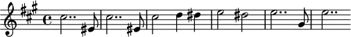 \header {
tagline = ##f
}
\score {
\new Staff \with {
}
<<
\relative c'' {
\clef treble
\key a \major
\time 4/4
\tempo 4 = 70
%\autoBeamOff
\set Staff.midiInstrument = #"string ensemble 1"
%%%%%%%%%%%%%%%%%%%%%%%%%% AB 9-1 th2
\repeat unfold 2 { cis2.. eis,8 } cis'2 d4 dis e2 dis e2.. gis,8 e'2..
}
>>
\layout {
\context { \Score \remove "Metronome_mark_engraver"
}
}
\midi {}
}