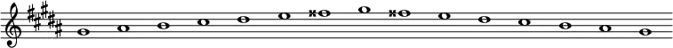 \new Staff {
\relative c'' {
\key gis \minor
\override Staff.TimeSignature #'stencil = ##f
\override Staff.BarLine #'stencil = ##f
gis1 ais b cis dis e fisis gis fisis e dis cis b ais gis
}
}
\midi {
\context {
\Score
tempoWholesPerMinute = #(ly:make-moment 120 1)
}
}