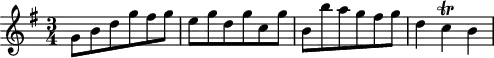 
\header {
  tagline = ##f
}

\score {
  \new Staff \with {

  }
<<
  \relative c'' {
    \key g \major
    \time 3/4
    \override TupletBracket #'bracket-visibility = ##f 
    %\autoBeamOff

     %%%%%%%%%%%%%%%%%%%%%%%%%% K15c
     g8 b d g fis g e g d g c, g' b, b' a g fis g d4 c\trill b

  }
>>
  \layout {
    \context {
      \remove "Metronome_mark_engraver"
    }
  }
  \midi {}
}
