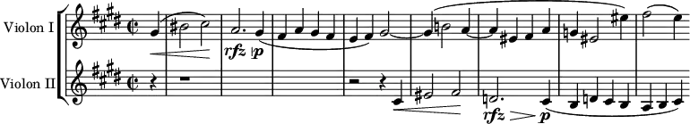 \version "2.18.2"
\header {
tagline = ##f
}
global= {
\time 2/2
\key cis \minor
\tempo 2 = 62
}
violonOne = \new Voice \relative c'' {
\set Staff.instrumentName = #"Violon I"
\partial 4
gis4(\< bis2 cis\!) a2.\rfz\> gis4\!\p( fis4 a gis fis e fis) gis2~ gis4( b!2 a4~ a eis fis a g eis2 eis'4) fis2( e4)
}
violonTwo = \new Voice \relative c' {
\set Staff.instrumentName = #"Violon II"
\clef treble
r4 r1*3 r2 r4 cis4\< eis2 fis2)\! d2.\rfz\> cis4\!\p( b d cis b a b cis)
}
\score {
\new StaffGroup <<
\new Staff << \global \violonOne >>
\new Staff << \global \violonTwo >>
>>
\layout {
\context {
\Score
\remove "Metronome_mark_engraver"
}
}
\midi { }
}