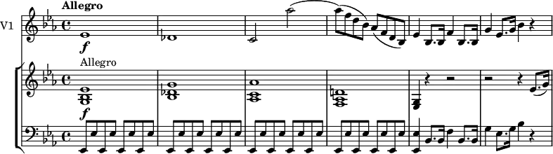 
\new GrandStaff <<
    \new StaffGroup <<
      \new Staff {
        \version "2.18.2"
         \tempo  "Allegro"
        \clef treble
        \key ees \major
       \time 4/4
       \tempo 4 = 120
     \relative c'' {
                < g, bes ees>1 \f ^ \markup {Allegro}
                <bes des g>
                <aes c aes'>
                <f aes d!>
                <g ees>4 r r2 r2 r4 ees'8. (g16)
                  
            }
      }
      \new Staff {
                 \clef bass 
                  \key ees \major
                  \time 4/4
      \relative c'' {
            {ees,,,8 ees'}  \repeat unfold 15   {ees,8 ees'}
            <ees, ees'>4 bes'8. bes16 f'4 bes,8. bes16
            g'4 ees8. g16 bes4 r
             }
      }
   >>
  \new Staff { \set Staff.instrumentName = "V1"
           \relative c'' {
              \key ees \major
              \time 4/4
            ees,1  \f  des c2 aes''
            (aes8) (f d bes) aes (f  d bes)
            ees4 bes8. bes16 f'4 bes,8. bes16
            g'4 ees8. g16 bes4 r
             }
        }
  >>
