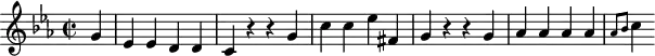 
\version "2.18.2"
\header {
  tagline = ##f
}

\score {
  \new Staff \with {

  }
<<
  \relative c'' {
    \key c \minor
    \time 2/2  
    \tempo 2 = 72
    \override TupletBracket #'bracket-visibility = ##f 

     %%Mozart — Concerto 24, mvt 3, th. 1
     \partial 4 g4 ees ees d d c r4 r4 g' c c ees fis, g r4 r4 g4 aes aes aes aes \grace { aes8 bes } c4

  }
>>
  \layout {
     \context { \Score \remove "Metronome_mark_engraver" }
  }
  \midi {}
}
