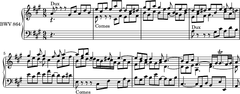 \version "2.18.2"
\header {
tagline = ##f
}
Trillgishp = { \tag #'print { gis8.\trill } \tag #'midi { \times 2/3 { a32 gis a } gis16~ gis16 } }
Dux = { s4*0^\markup{Dux} a8 r8 r8 r8 gis8 cis a d b e cis fis e a d,~ d cis dis }
Comes = { s4*0_\markup{Comes} e,8 r8 r8 r8 cis fis e a fis b gis cis b e a,~ a gis b }
upper = \relative c'' {
\clef treble
\key a \major
\time 9/8
\tempo 4 = 66
\set Staff.midiInstrument = #"harpsichord"
%% FUGUE CBT I-19, BWV 864, la majeur
<< { \Dux gis8 e a gis4 fis8 b, e d~ d cis dis e b e~ e fis4 gis a8 gis4 fis8 gis a4~ a8 gis b e,4 dis8 e4.~ e8 d cis d4 cis8 b4.~ b8 a cis fis,4.~ fis16 gis \Trillgishp fis32 gis | a8 } \\ { r4.*3 \transpose e e'' { \relative \Comes } e8 a fis gis4. cis8 a d b e d~ d cis4 b8 e fis b, e d~ d cis16 b cis a gis8 cis a fis b a~ a gis a d,4.~ d8 cis e a,4. d~ d8 } >>
}
lower = \relative c' {
\clef bass
\key a \major
\time 9/8
\set Staff.midiInstrument = #"harpsichord"
r4.*3*3 \Dux \Comes cis,4.~ cis8 a d b e e, a
}
thePianoStaff = \new PianoStaff <<
\set PianoStaff.instrumentName = #"BWV 864"
\new Staff = "upper" \upper
\new Staff = "lower" \lower
>>
\score {
\keepWithTag #'print \thePianoStaff
\layout {
\context {
\Score
\remove "Metronome_mark_engraver"
}
}
}
\score {
\keepWithTag #'midi \thePianoStaff
\midi { }
}